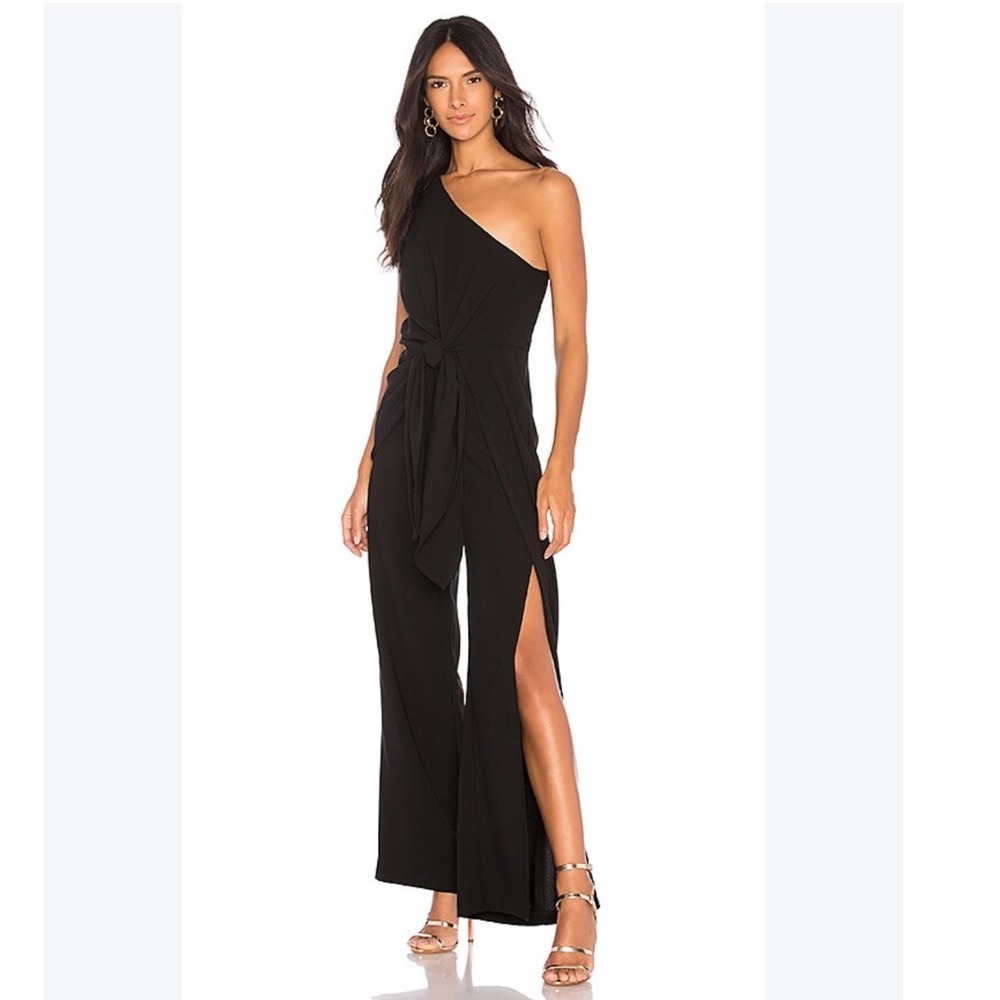 Bardot Black Bellini One Shoulder Tie Waist Wide Leg Jumpsuit Size 4